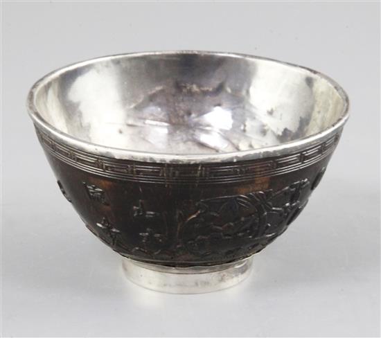 A Chinese silver mounted coconut shell bowl, 19th century, diameter 11cm